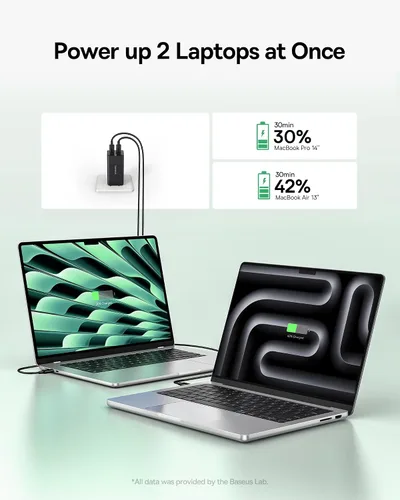 Vista 6 de Baseus Estación de carga 100W, tira de alimentación de viaje 5 en 1 con cargador USB C, con cable de extensión desmontable de 5 pies, enchufe plano