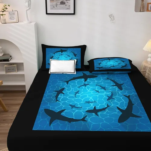 Vista 2 de Shark Sheets tamaño California King, sábanas para cama de mar, sábanas y fundas de almohada estampadas de 4 piezas, sábana bajera ajustable