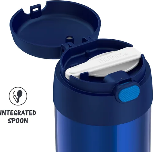 Vista 4 de THERMOS FUNTAINER - Tarro de comida para niños aislado al vacío de acero inoxidable de 10 onzas con cucharas plegables, azul marino y morado