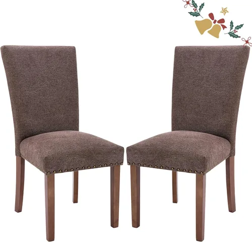 Vista 27 de Juego de 2 sillas tapizadas de tela para comedor, sillas de cocina estilo Parsons con ribete de cabeza de clavo y patas de madera - Beige