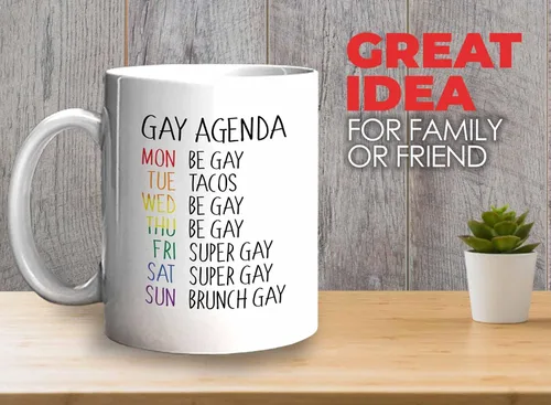 Vista 2 de Bubble Hugs Taza de café del mes del orgullo, agenda gay, planificador semanal Rainbow Queer LGBTQ Lesbiana Gay Pride LGBT Aliado Soporte 11oz Blanco