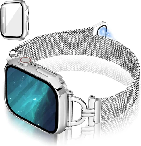 Vista 7 de Correas para Apple Watch para mujer de 1.575 pulgadas con funda protectora de pantalla, cierre magnético de acero inoxidable, correa para Apple Oro