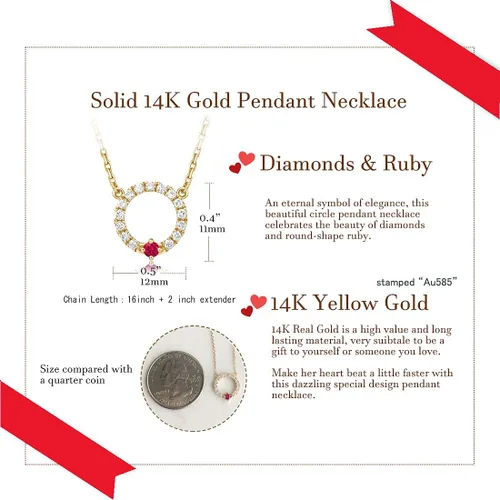 Vista 5 de FANCIME 14K Yellow Gold Ruby Neckalce With 0.192ct Natural Diamond 0.06ct Ruby Eternity Circle Round Pendant Necklace July Birthstone Necklace Fine