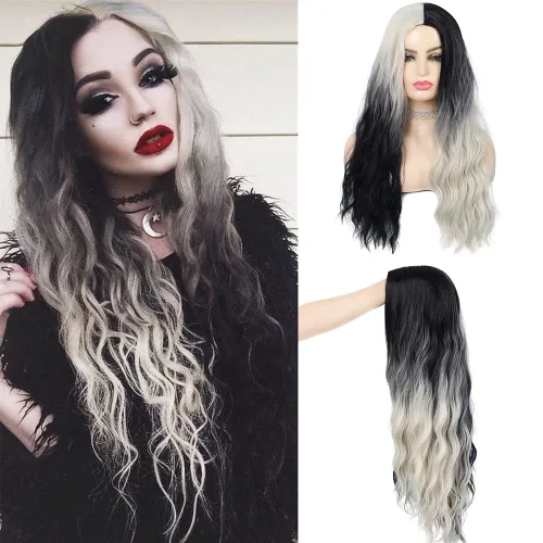 Vista 7 de Swiking Pelucas largas de color verde y negro para mujer, pelucas de cabello ondulado natural ombré verde sintético de fibra suave para fiesta