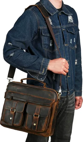Vista 2 de Bolsa de lona resistente al agua + cuero para negocios, maletín de 14 pulgadas, para laptop, oficina, cartera, para hombres FBB207