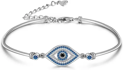 Vista 12 de Fenthring Evil Eye Bracelet Sterling Silver Greek Turkish Blue Evil Eye Bracelets for Women Bangle Adjustable Good Luck Protection Jewelry Cute
