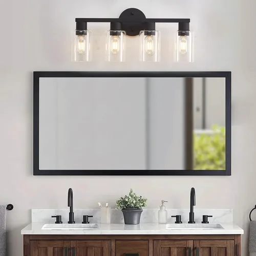 Vista 2 de Lámpara de tocador de baño de 4 luces, lámparas de baño negro mate con pantalla de vidrio transparente, 4 luces de tocador, accesorios