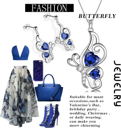 Vista 4 de Butterfly Heart Jewellery Sets - Women 925 Sterling Silver Animal Butterflies Birthstone Necklace Earring Bracelet Set Crystal Wedding Birthday