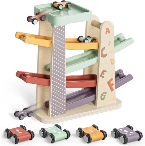 Vista 10 de TOP Bright Juguetes de rampa de madera para niños pequeños de 1 a 2 años de edad, habilidades motoras, pistas de carreras, rampa de automóvil