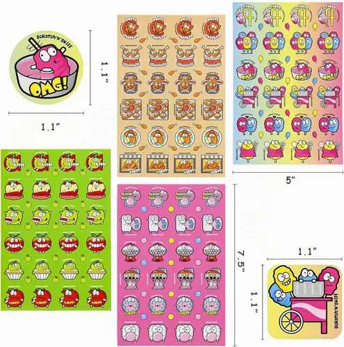 Vista 3 de Calcomanías para rascar y oler, 576 piezas de calcomanías con olor a frutas y alimentos, 24 hojas de aromas, 144 diseños, calcomanías de recompensa