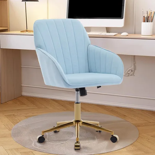 Vista 3 de Silla de oficina en casa de terciopelo con base dorada, cómoda y moderna silla de escritorio, silla giratoria ajustable para sala de estar