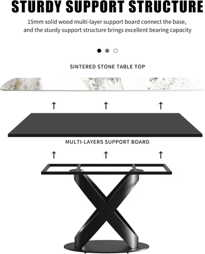 Vista 5 de Mesa de comedor moderna, mesa de piedra sinterizada blanca antigua con base de acero al carbono sólido en forma de X negra, mesa de comedor Blanco
