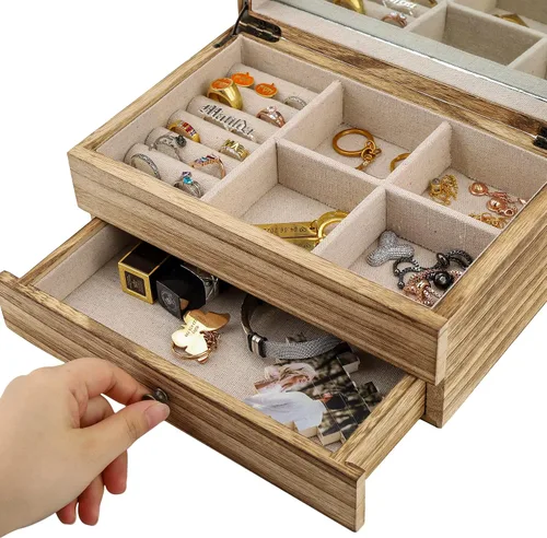 Vista 7 de Cajas de viaje de joyería personalizadas con nombre y flor de nacimiento, caja de joyería de terciopelo y madera para mujeres y niñas, caja