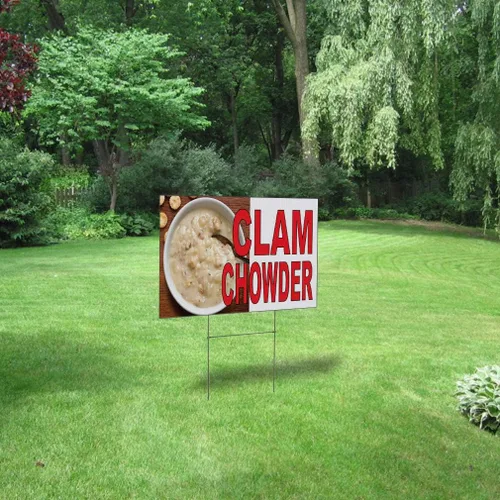 Vista 3 de Fastasticdeals Weatherproof Yard Sign Clam Chowder Red with Picture Food Bar Restaurant Truck Lawn Garden 18x12 Inches 1 Side Print