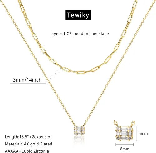 Vista 5 de TEWIKY - Collares bañados en oro de 14 quilates para llevar escalonados, cadena con dije de diamante y gargantilla con eslabones cubanos, delicado
