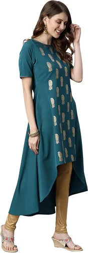 Vista 5 de Janasya Kurta de crepé polivinílico verde azulado para mujer india