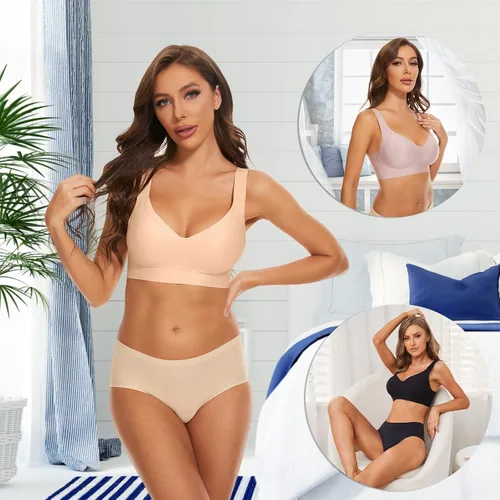 Vista 5 de Brasier sin costuras inalámbrico para mujer, cuello en V profundo, cómodo brasier con cobertura completa, sujetadores acolchados cómodos