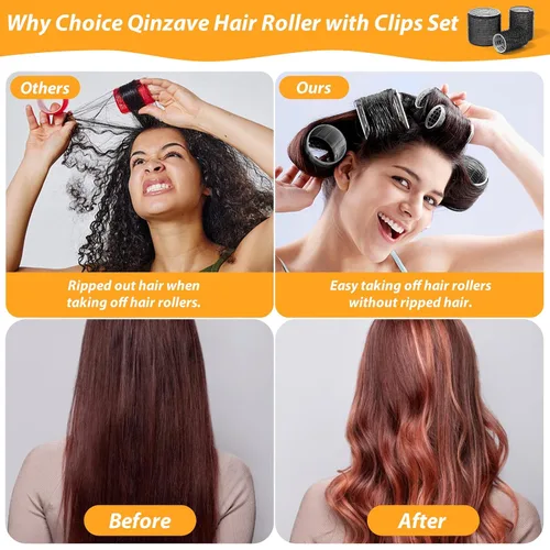 Vista 7 de 39 piezas de rulos autoadhesivos de 3 tamaños - Negro de 2.5 pulgadas, 1.9 pulgadas, 1.4 pulgadas con clips de pico de pato para cabello largo