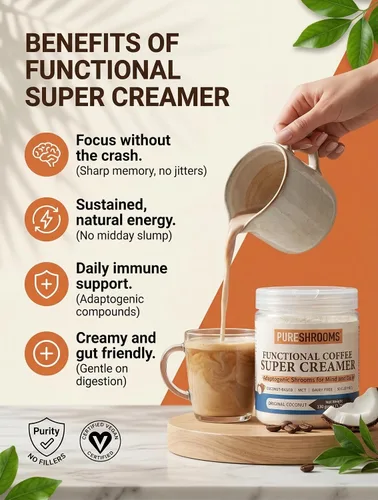 Vista 4 de PureShrooms Supercremas funcionales de café – Original – con leche de coco en polvo, aceite MCT, melena de león orgánica, Reishi, Chaga, Maitake