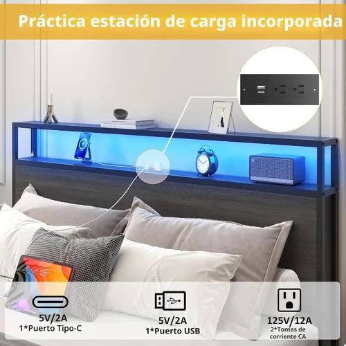 Vista 5 de Lifezone Base de cama Queen con cabecera de almacenamiento de 2 niveles, base de cama de plataforma de metal con 4 cajones de almacenamiento, gris