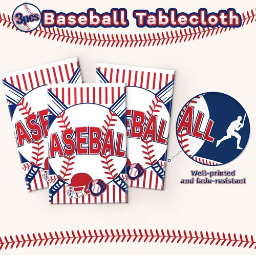 Vista 3 de Miucat Mantel de béisbol de 3 piezas, mantel de mesa y decoración de fiesta, mantel de plástico desechable, rectangular para juegos de béisbol