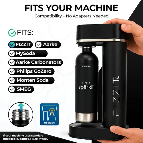Vista 4 de FIZZIT Botella de Carbonatación de Acero Inoxidable Negro Compatible con Algunos Fabricantes de Soda Botella de Agua con Gas Reutilizable, Apta