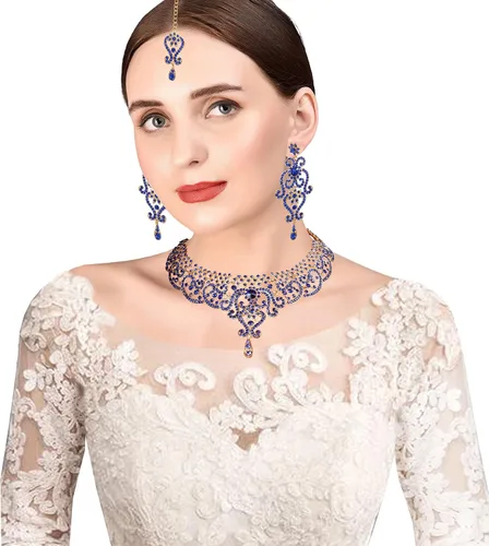 Vista 178 de Conjunto precioso de collar con look real Indian Bollywood, maravillosamente decorado, conjunto de collar adornado para mujer.