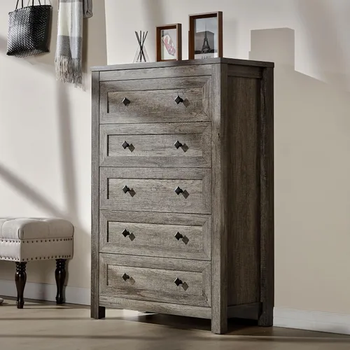 Vista 3 de VanAcc - Cómoda de granja de 5 cajones, cómoda para dormitorio, color gris Cómoda de madera natural de 47 pulgadas de alto, amplio almacenamiento