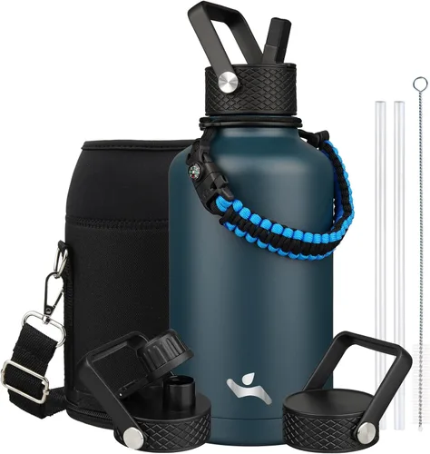 Vista 84 de Konokyo - Botella de agua aislada de 18 onzas, botellas deportivas de acero inoxidable con 3 tapas, verde militar