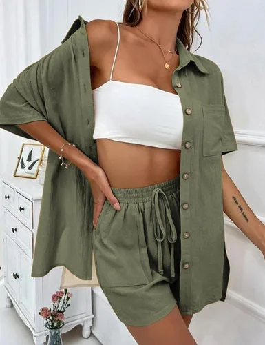 Vista 5 de SeekMe Conjunto de pantalones cortos de lino para mujer, camiseta de manga corta, pantalones cortos, 2 piezas, verano, playa, vacaciones, trajes