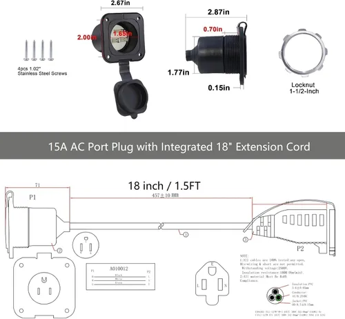 Vista 2 de Enchufe de puerto de CA de 15 A, enchufe de entrada de alimentación de 125 V con cable de extensión de 18 pulgadas, enchufe NEMA 5-15 con brida