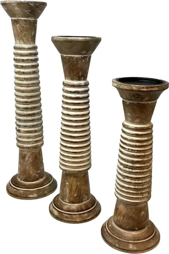 Vista 2 de Portavelas acanalados para velas de pilar, juego de 3 portavelas altos de madera grandes de 18 pulgadas, 16 pulgadas, 14 pies, tallados a mano