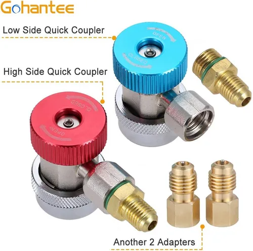 Vista 3 de Colocaciones del adaptador R134A, conector rápido alto-bajo ajustable del acoplador de R134a Kit de conversión de manguera de manómetro de freón