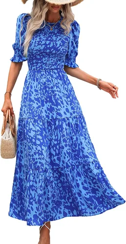 Vista 90 de BTFBM Vestidos para mujer, cuello redondo, casual, de verano, con volantes, manga corta, bohemio, con niveles, fruncido, largo, con estampado floral