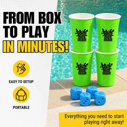 Vista 5 de Competitive Pool Game for Adults, 2–4 Players, Oversized Floating Dice Set with Cups & 20ft Pool Divider No Divider