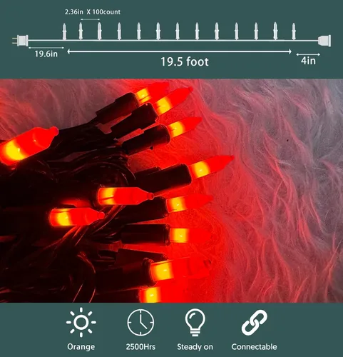 Vista 2 de HISHINY - Extensión de luces de Halloween color naranja, 100 luces incandescentes con cable negro, ideal para decoraciones de Halloween