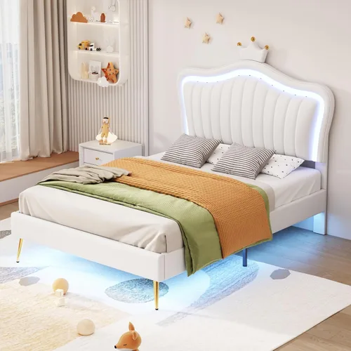 Vista 17 de Cama de plataforma, base de cama tapizada de cuero con cabecera de adorno de conejo, ideal para el dormitorio o apartamento de un niño