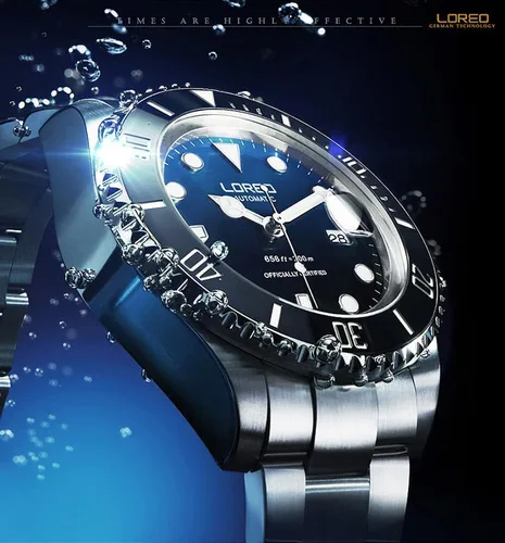 Vista 5 de LOREO Reloj automático de acero inoxidable plateado para hombre, con bisel giratorio, cristal de zafiro, negro