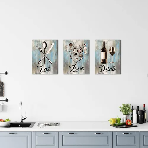 Vista 2 de LyerArtork Imágenes de cocina para el hogar, arte de pared, utensilios vintage, impresiones en lienzo, pinturas de letrero de "Eat Love Drink