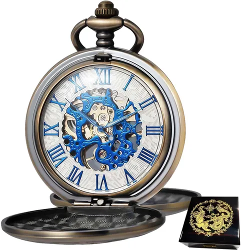 Vista 19 de Relojes mecánicos de bolsillo con números romanos con esfera y cadena para hombre y mujer