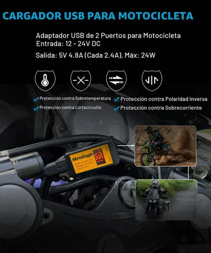 Vista 2 de Cargador USB para motocicleta, adaptador Mroinge 4.8A SAE a USB con voltímetro y amperímetro, enchufe de desconexión rápida con cargador USB doble