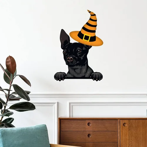 Vista 8 de Guangpat Calcomanías de pared de Halloween, brujas, bull terrier, decoración en miniatura, calcomanías de Feliz Halloween, decoración de pared
