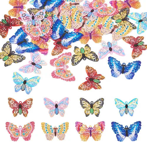 Vista 40 de FASHEWELRY 50 piezas de conectores de filigrana de mariposa de acero inoxidable, adornos de metal grabados con arco iris para fabricación de joyas