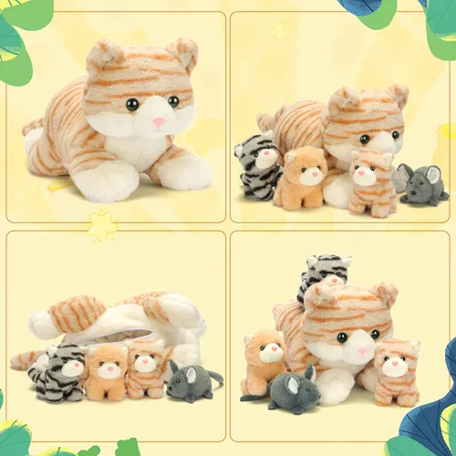Vista 5 de IKASA Mamá gato atigrado naranja peluche mamá y gatitos bebé juguete de peluche lindo 16.5 pulgadas suave mamá pequeña juguete familiar con pequeños