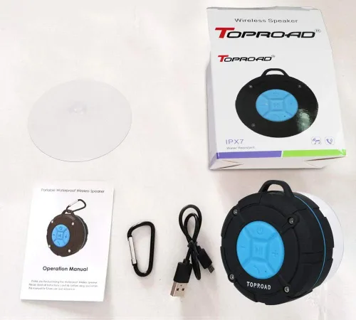 Vista 8 de TOPROAD - Altavoz Bluetooth impermeable, altavoces de ducha IPX7, pequeño altavoz portátil con clip y 2 ventosas, micrófono integrado, altavoz manos