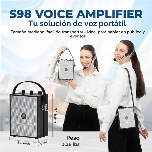 Vista 4 de Amplificador de voz, sistema PA portátil con micrófono de diadema inalámbrico y altavoz, micrófono portátil Bluetooth de 40W y altavoz