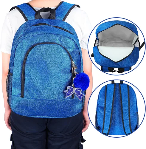 Vista 6 de Mochila grande de animadora con llavero de lazo, mochila con purpurina para animadoras, bolsas de regalo para animadoras (azul)