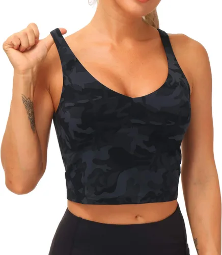 Vista 2 de THE GYM PEOPLE Brasier deportivo de camuflaje para mujer, sin varillas, acolchado, soporte medio, para yoga, gimnasio, correr, entrenamiento