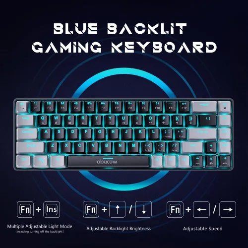 Vista 3 de abucow Teclado mecánico 65% para juegos, teclado compacto con cable con interruptor azul con retroiluminación azul, teclas intercambiables grises