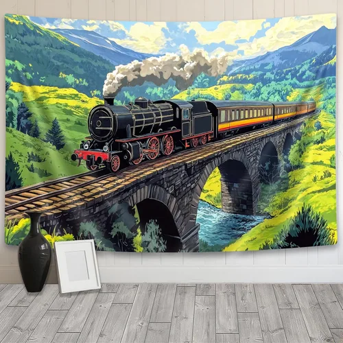 Vista 14 de Tapiz de Tren de Vapor, Tapices de Paisaje Otoñal de Tren de Motor Antiguo Decoración para Niños, Tapices de Arte de Acuarela de Bosque de Montaña